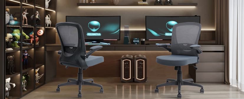 CLATINA Desk Chairs with Wheels, Flip Up Arms Ergonomic Mesh Back Office Chair with Lumbar Support, Adjustable Height Swivel Rolling Computer Task Chairs for School Conference Room Home Study, Grey