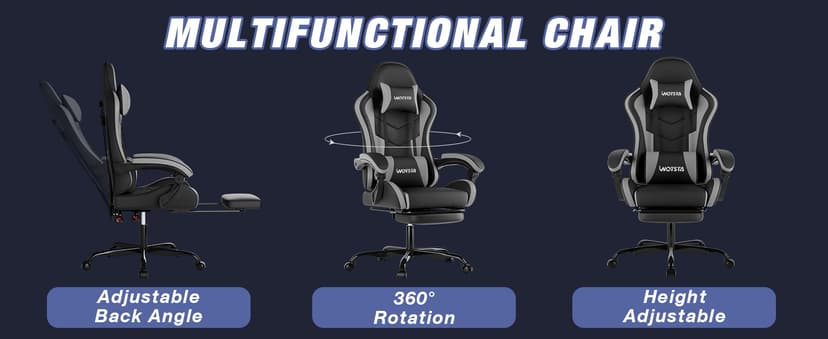 Gaming Chair with Footrest, Ergonomic Gaming Chair, Computer Chair with Lumbar Support, Headrest, Height Adjustable PC Chairs with 360° Swivel Seat for Office or Gaming BlackGrey
