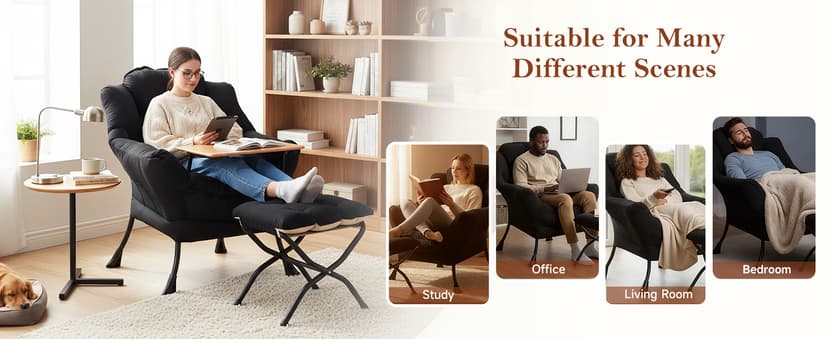 Lazy Chair with Ottoman, Modern Accent Chair with Lumbar Pillow, Dark Grey Sofa, Armchairs with Folding Footrest, Oversized Supportive Chairs for Bedroom, Reading