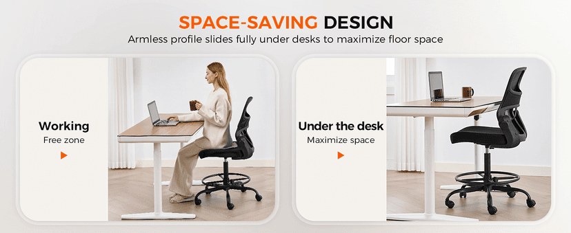 Drafting Chair Armless, Tall Office Chair with Adjustable Foot Ring and Lumbar Support, Ergonomic Mesh High Desk Chair for Standing Desk, Black
