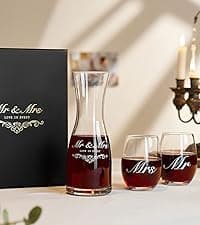 AW BRIDAL Mr and Mrs Wine Glasses and Decanter Set, Wedding Bridal Shower Engagement Gift for Couples 2025, Wedding Glasses for Anniversary Bride Bachelorette with Wood Keepsake Box