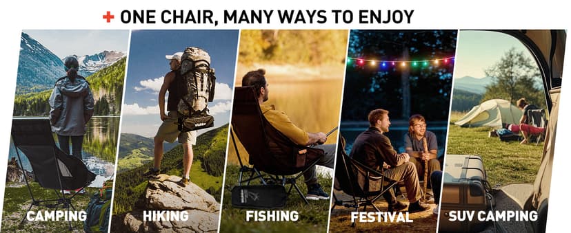 Wildhiker Portable Compact Folding Camping Chairs – Lightweight High Back with Pillow, Deep Recline, ArmPads, Side Pockets-for Motorcycle, RV, Backpacking, Travel, Festival – Black