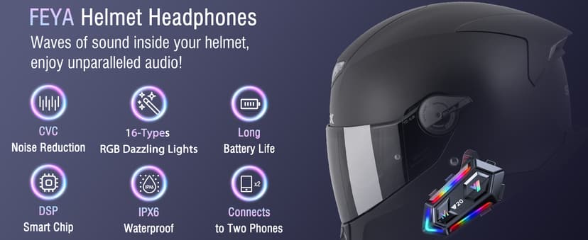 FEYA Motorcycle Helmet Speakers High Battery Life Helmet Headphone IPX6 Automatic Answer/Call Music Control/Intelligent Noise/Wake up Siri, 2 Different Types of Mic - Compatible with All Helmets - Y20