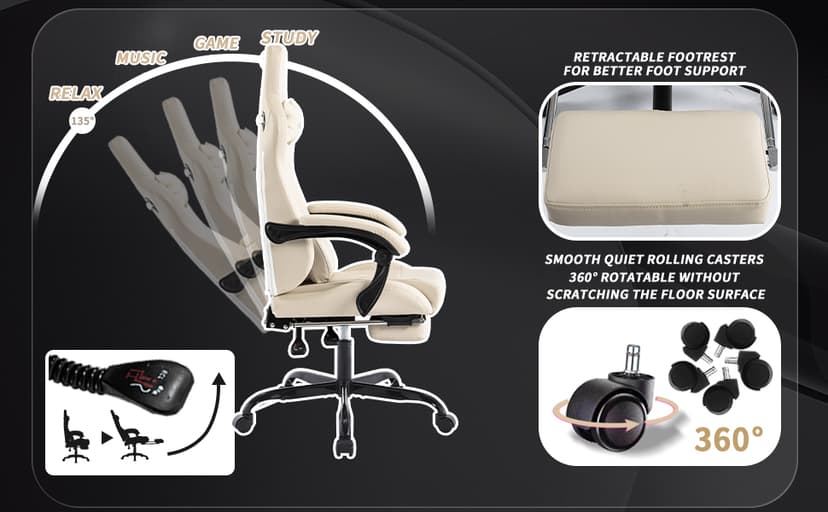 Gaming Chair with Footrest Ergonomic Computer Chair Massage Lumbar Cushion, Racing Video Game Chair Adjustable Rocker Recliner Executive Office Desk Chair Pu Leather for Adults