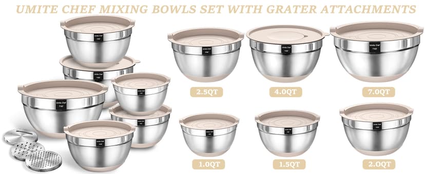 Mixing Bowls with Airtight Lids Set, 26PCS Stainless Steel Khaki Bowls with Grater Attachments, Non-Slip Bottoms & Kitchen Gadgets Set, Size 7, 4, 2.5, 2.0,1.5, 1QT, Great for Mixing & Serving