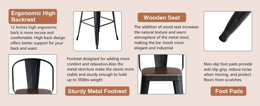 ALISH 26 Inch Industrial Bar Stools Set of 4, High Back Metal Barstools with Large Wood Seat, Counter Height Bar Chairs for Kitchen Island (26 Inch Set of 4, Black)
