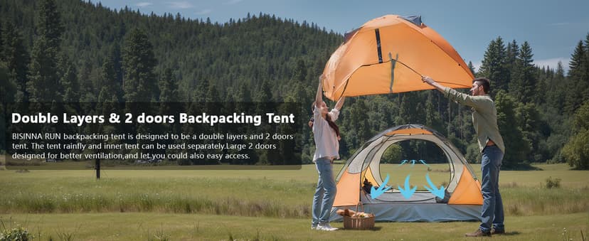 BISINNA 2/4 Person Camping Tent Lightweight Backpacking Tent Waterproof Windproof Two Doors Easy Setup Double Layer Outdoor Tents for Family Camping Hunting Hiking Mountaineering Travel