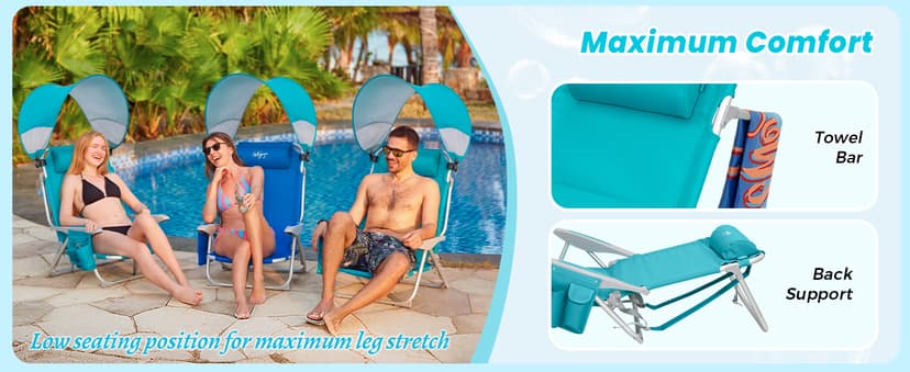 #WEJOY Beach Chair with Canopy Shade, Reclining Adjustable 4 Position, Lay Flat Lightweight Folding Portable Aluminum Chair with Backpack Straps,Padded headrest, Heavy Duty 400lbs Lawn Chair for Beach