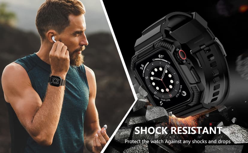 OROBAY Rugged Band Compatible with Apple Watch Band 45mm/44mm/42mm with Case, Shockproof Strap for iWatch SE3 SE2 SE Series 9/8/7/6/5/4/3/2/1 with Bumper Case Cover Men Women, Matte Black