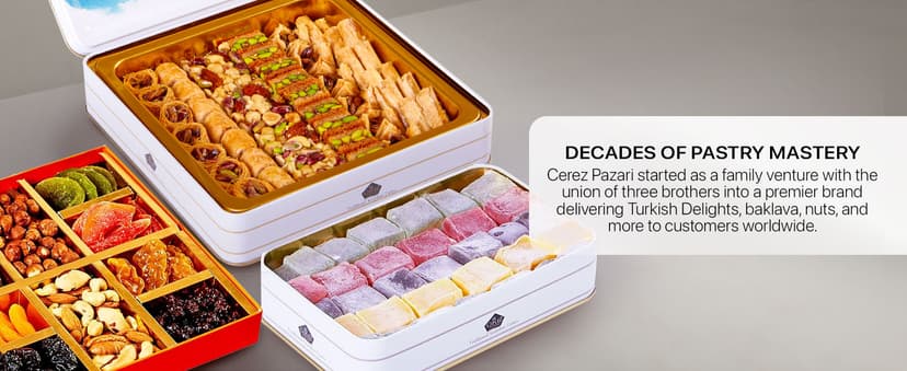 Cerez Pazari Baklava Pastry Gift Set - Turkish Baklava Pastry With Nuts & Spices - Baklava Gift Box From Turkey - Pastry, Halal Snacks - Assorted 45-48 Pieces Per Metal Dessert Box - 1.32 lbs