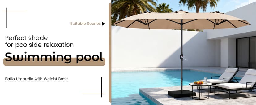 15ft Patio Umbrella with Base,Large Outdoor Double-Sided Rectangle Umbrella with Crank Handle, Market Umbrella for Poolside Garden Deck Backyard Beach Pools, Beige