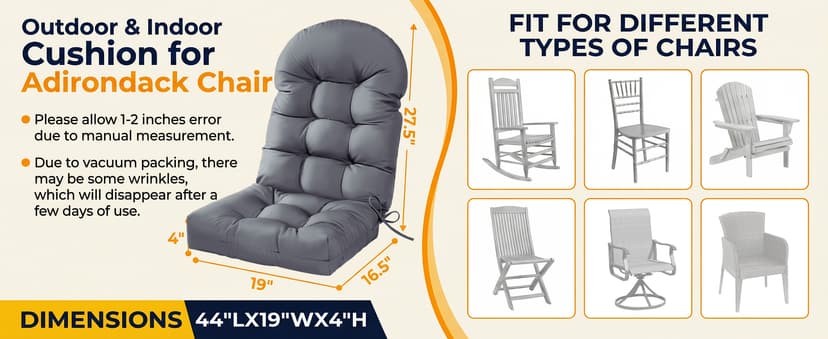 MAGIC ELEPHANT Adirondack Chair Cushion, Memory Foam Outdoor Chair Cushion, Water-Repellent Thick High Back Patio Rocking Chair Pad Seat Cushion Replacement (Gray)