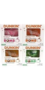 Dunkin' Hot Chocolate BOMB 4 Pack Assorted Flavors Bundle- Original, Mint, Dunkaccino, Caramel, Four Hot Cocoa Melting Balls, Stocking Stuffer Holiday Gift Set