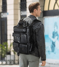 Masa Kawa Leather Backpack for Men with 16" Laptop & Camera Lens Sleeve, Multi Pockets Weekend Trip Business Travel Overnight Camping Bag, Vintage Brown