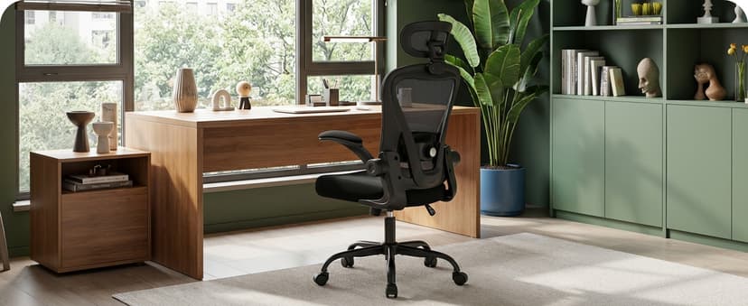 Office Chair, Ergonomic Office Chair with Headrest, Comfy Home Office Desk Chairs with Lumbar Support & Flip-up Armrests, 330LBS High Back Mesh Computer Desk Chair for Home Office, Black