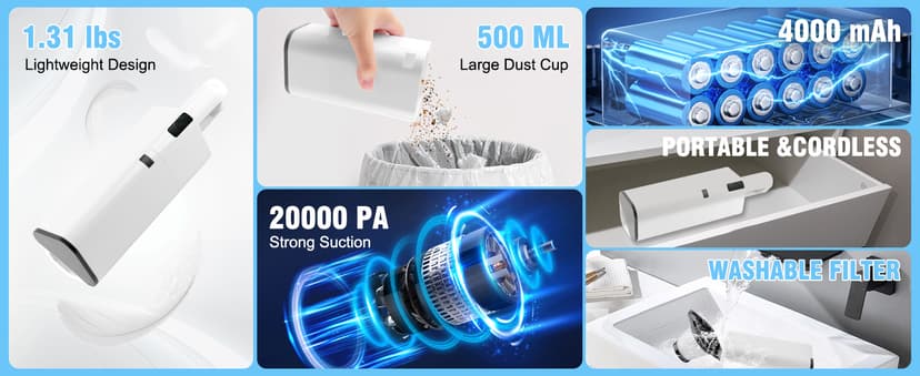Cordless Vacuum Cleaner Handheld - 20000Pa Powerful Suction, 2-Speed Hand Vacuum Cordless Rechargeable for Car, Pet Hair, Stairs, Carpet, Couch - Portable Vac with HEPA Filter & 4 Attachments