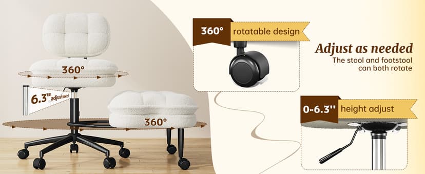DurayLoly Ergonomic Cross Legged Chair 360° Swivel Meditation Chair with Wheels, Height Adjustable Seat for ADHD, Strong Lumbar Support,Home Office Furniture, Teddy Fabric,White
