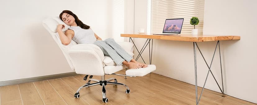 Big and Tall Office Chair, Flip Armrests for Pets & Cross Legged Sitting, Executive Ergonomic Computer Gaming Chair with Foot Rest, Teddy Fleece Wide Seat Reclining Desk Chair, White Vanity Chair