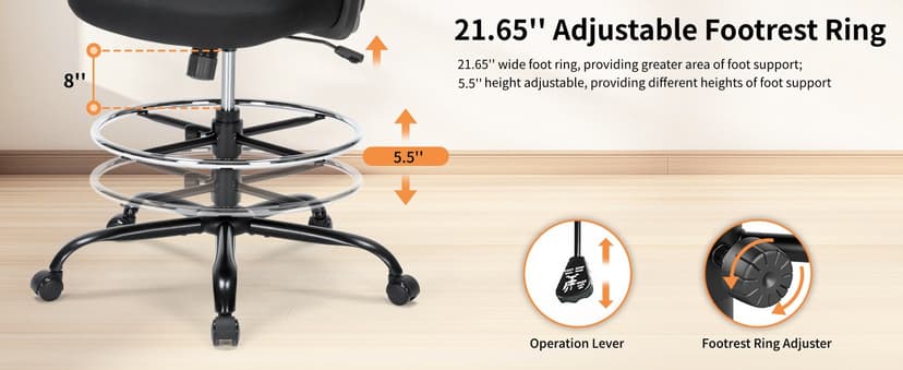 Drafting Chair, Tall Office Chair for Standing Desk, Ergonomic Standing Desk Chair with Flip-up Armrests, Counter Height Office Chair with Footrest and Adjustable Lumbar Support