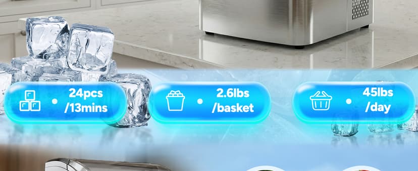 Countertop Ice Maker, 45Lbs/Day Clear Ice Cube Maker with Self-Priming Water Supply, 24 Cubes Ready in 13 Mins, 6 Ice Thickness Levels, Stainless Steel Ice Maker Machine for Home Kitchen Office Bar