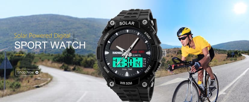 FANMIS Men's Solar Powered Casual Quartz Wrist Watch Analog Digital Multifunctional Black Sports Watch