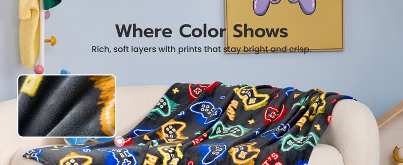 Joiedomi Glow in The Dark Gaming Blanket Gamer Gifts for Boys Age 2 3 4 5 6 7 8 9 10 11 12 Year Old, Soft Cozy Flannel Kids Throw Blanket, Birthday Bedroom Decor Grey 50"×60"
