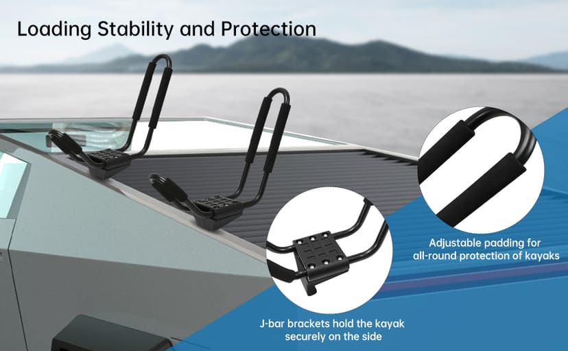 Kayak Roof Racks for 2 Kayaks Compatible with Cybertruck - Heavy Duty Kayak Rack Include Two Sets of Straps for Cars, Easy to Mount J-Bar Style Carriers for Canoes Kayaks Paddle Boards and Surfski