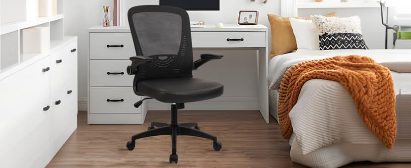 CLATINA Desk Chairs with PU Leather Seat, Flip Up Arms Ergonomic Mesh Back Office Chair with Lumbar Support, Adjustable Height Swivel Rolling Computer Chairs for Home Conference Meeting, Black, 8 Pack