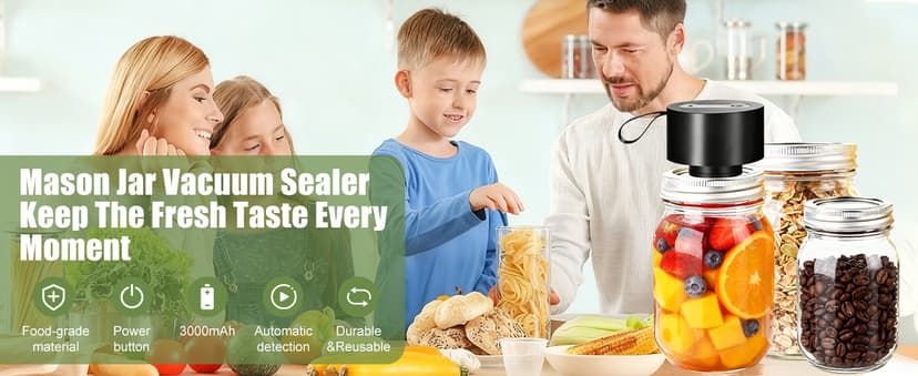 Electric Mason Jar Vacuum Sealer: Upgraded 3-in-1 Portable Vacuum Sealer Kit - for Mason Jars Vacuum Seal Bags & Containers - Ideal for Jams Pickles Dry Foods Grains Black