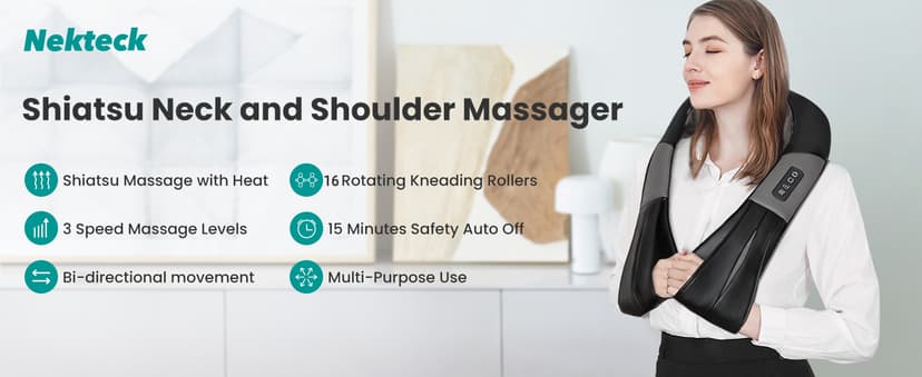 Nekteck Shiatsu Neck Massager for Pain Relief Deep Tissue with Heat, 3D Kneading Massage Pillow Back Shoulder Massagerfor Body Muscle, Plug-in Use for Home Office Car, Gifts for Mom Dad Him Her