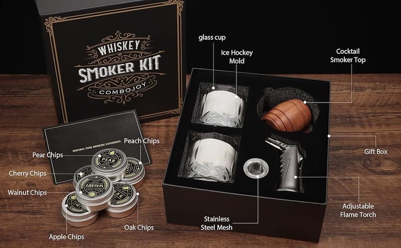 Whiskey Smoker Kit with Torch - 6 Flavors Wood Chips, 2 Glasses, 2 Ice Ball Molds - Cocktail Smoker Infuser Kit, Old Fashioned Drink Smoker Kit, Birthday Bourbon Whiskey Gifts for Men,Dad(NO Butane)