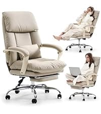 EMIAH Ergonomic Office Chair with Foot Rest Criss Cross Chair with Wheels Reclining Executive Office Chair Mid Back PU Leather Swivel Computer Chairs Lumbar Support for Home Office (Beige)