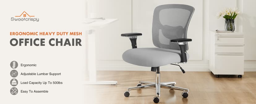 Sweetcrispy Big and Tall Office Desk Chair with Lumbar Support, 500lbs Heavy Duty Mesh Ergonomic Computer Chair with 4D Armrest and Wide Comfy Seat, 360° Swivel Wheels for Adult, Grey