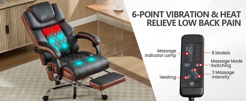 Massage Office Chair 6 Points 500lbs with Footrest,Reclining Desk Chair with Vibration Heat,Executive Big and Tall Chairs for Heavy People,Adjustable Height Ergonomic Black