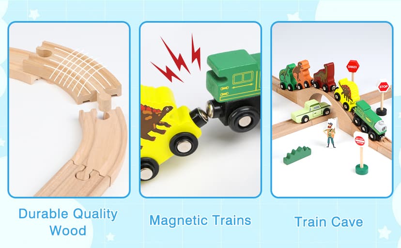 Wooden Train Set, Dinosaur Toys for Kids 3-5, Compatible with Major Brands, STEM Railway Playset, Ideal Wooden Train Track Set for 3 4 5 6 7 8 Year Old Kids Boy Girl