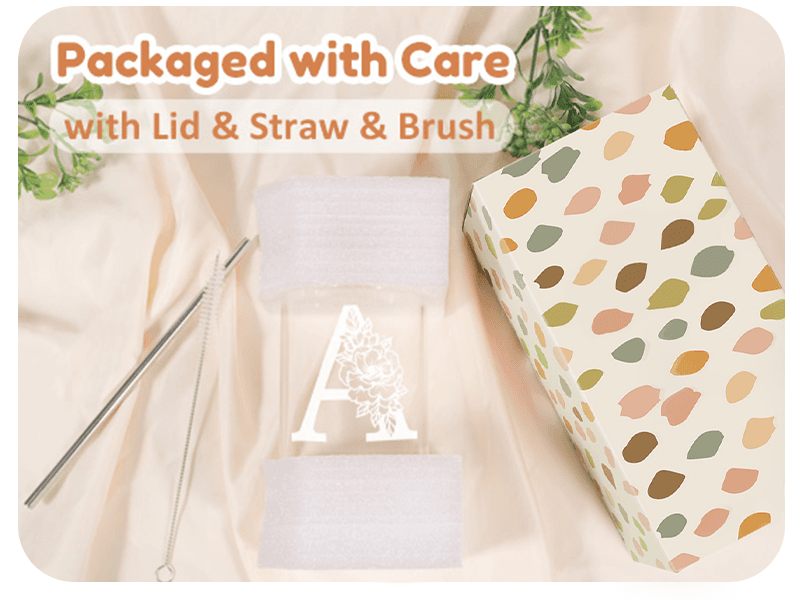 Coolife Initial Glass Cup, Monogrammed Gifts for Women, 16 oz Glass Cups w/Lids Straws, Iced Coffee Smoothie Beer Tumbler w/Straw Lid - Personalized Christmas, Birthday Gifts for Her Mom Friend Woman