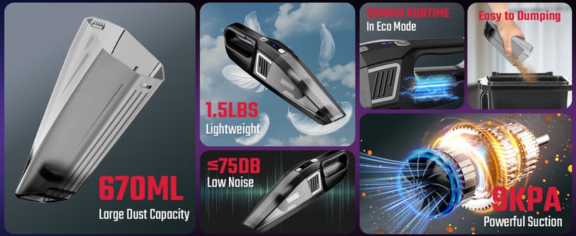 Handheld Vacuum Cordless, 9000PA Strong Suction, 2 Suction Modes, Fast Type-C Charging, Lightweight, Portable Car Vacuum Cleaner for Home Pet Office