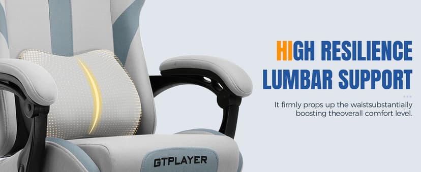 GTPLAYER Gaming Chair with Foot Rest & Pocket Spring Cushion, Ergonomic High Back Computer Desk Chair with Headrest & Lumbar Support for Back Pain Relief, Breathable Fabric, Mist-Blue