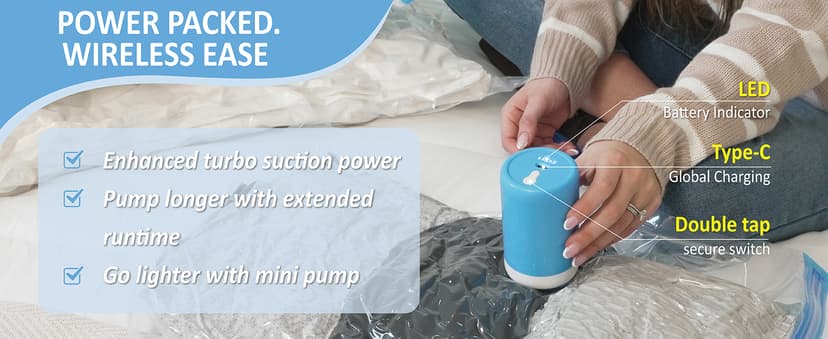 12 Pack Travel Vacuum Storage Bags with Rechargeable Wireless Electric Pump for Luggage, Suitcase, Carry-on Size Vacuum Seal Compression Space Saver Bags for Clothes and Clothing Travel