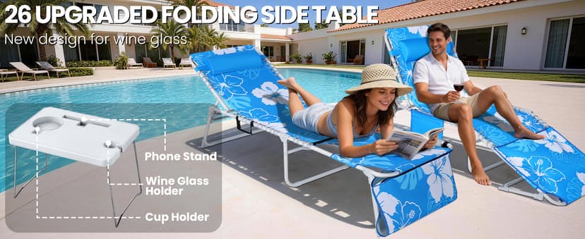 KingSom Sun Tanning Chair with Face Hole,Beach Lounge Chair with Folding Side Table,6-Position Recliner Chaise Lounge Chair,Pool Lounge Chair Outdoor Lay Flat with Pillow & Pocket,Max 350lbs-White