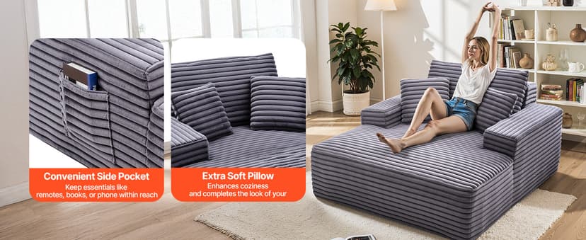 VEVOR Chaise Lounge Chair, 48 in Boneless Chaise Lounge Indoor, Modern Upholstered Oversized Reading Chair with Throw Pillows & Armrests, Sofa Couch Deep Seat Sleeper for Living Room, Bedroom, Balcony