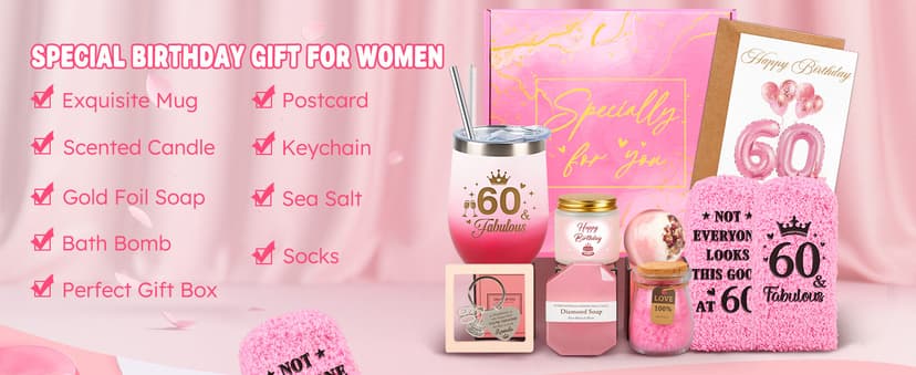 60th Birthday Gifts for Women, 60 Year Old Birthday Gifts for Women Self Care Gifts Basket Relaxing Spa Gift Fabulous Happy 60th Birthday Gift Presents Ideas for Woman Mom Wife Sister Friend Grandma
