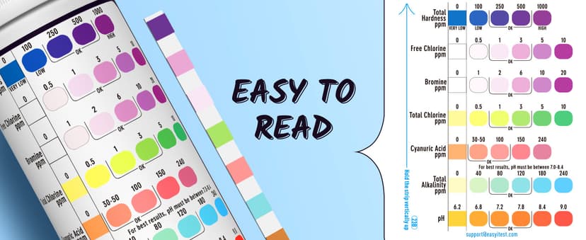 EASYTEST 7-Way Pool Test Strips, 150 Strips Water Chemical Testing for Hot tub and Spa, Accurate Test Bromine, Total Alkalinity, pH, Free Chlorine, Total Hardness, Cyanuric Acid, and Total Chlorine