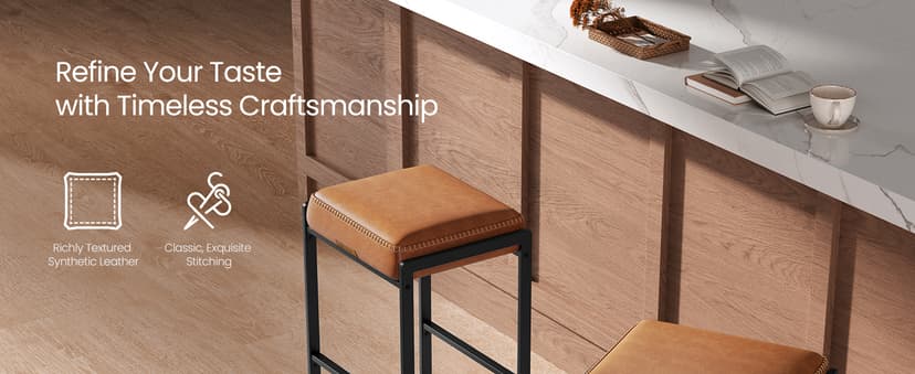 VASAGLE EKHO Collection - Bar Stools Set of 4, Counter Height Bar Stools, Synthetic Leather with Stitching, Mid-Century Modern Counter Stools, 26-Inch Tall, Kichen Home Bar Dining Room, Caramel Brown
