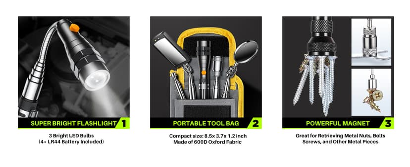 Telescoping Magnetic Pickup Tool Set, Inspection Mirror Telescoping, LED Flashlight, Cool Gadgets for Men, Gifts for Dad, Husband, Kids, Boyfriend, Magnet Stick