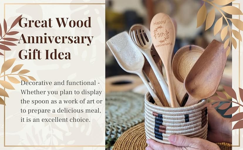 5 Year Anniversary Wood Gifts for Her Him - Happy 5th Wedding Anniversary Spoon Wooden Gifts for Wife Husband Men Couples Marriage, Handmade Engraved Spoon 12×2.2 in