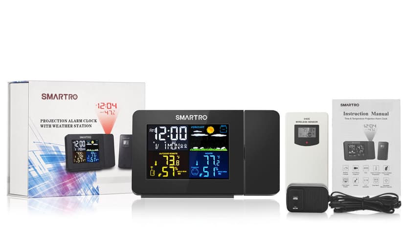 SMARTRO SC91 Projection Alarm Clock for Bedrooms with Weather Station, Wireless Indoor Outdoor Thermometer, Temperature Humidity Monitor Gauge Hygrometer
