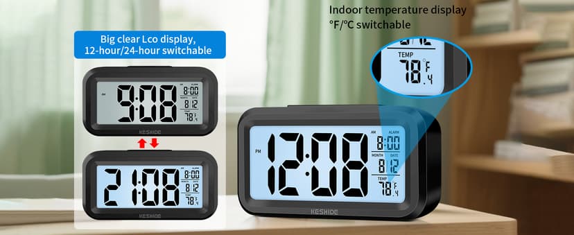 KESHIDE Digital Alarm Clock Battery Operated with Indoor Temperature, Desk Small Clock,Snooze Model,12/24H Display for Bedrooms Heavy Sleepers Kids Travel Bathroom (Black)