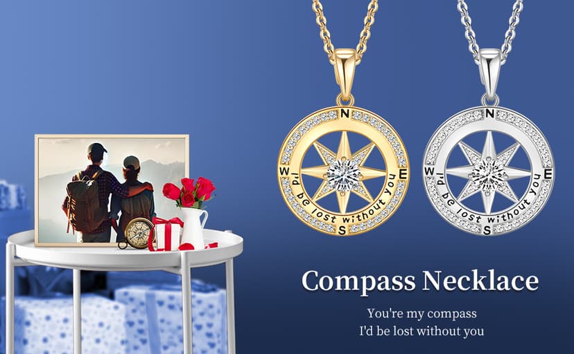 Mkhhy Compass Necklace for Women Jewelry For Her White Gold and Yellow Gold I'd Be Lost Without You(18k Real Gold Filled With S925)