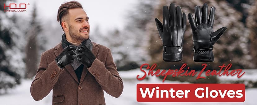 HANDLANDY Genuine Sheepskin Leather Gloves for Men Winter Driving Warm Thermal Wrist Gloves Fleece Lining for Cold Weather